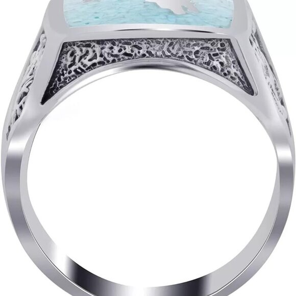 New Mens Southwest Turquoise How Call Wolf Ring - Picture 3 of 4